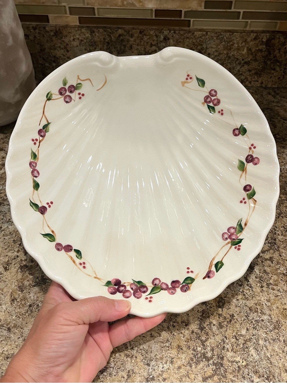 White Ceramic Shell Shaped Serving Bowl with Floral & Berry Vine Border